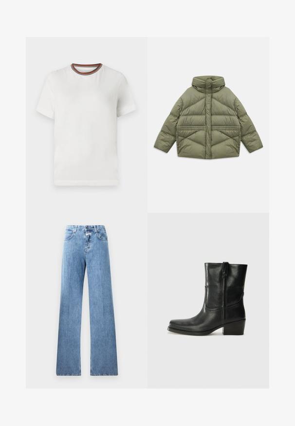 Alyvmedis puffer džemperis su aukštu apykakle, įstrižinėmis siūlėmis, ilgomis rankovėmis ir užtrauktukais šonuose, padėtas ant balto fono.; Balta trumpa rankovė t-shirt su apvaliu iškirpimu, puošta daugiaspalve dryžuota juostele. Pagaminta iš lygaus audinio, su laisvu siluetu.; Šviesiai mėlyni džinsai su plačiomis kojomis, penkiomis kišenėmis, diržo kilpos ir mygtuko užsegimu. Audinys yra lygus.; Juodi odiniai aulinukai iki kulkšnies su apvali nosimi, blokuotais kulnais, šonine užtrauktuku ir siuvimo akcentais ant viršutinės dalies. Lygi tekstūra, klasikinis dizainas.
