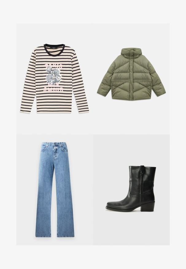 Olišu zaļš pūkains mētelis ar augstu apkakli, slīpiem šuvēm, garām piedurknēm un kabatām ar rāvējslēdzēju, izmests uz baltā fona.; Svītraina gara piedurkne krekls bēšā un tumši zila krāsā, ar ziedu grafiku un tekstu "PARIŽA MAN MĪLA" rozā krāsā, ar apaļu melnu apkakli.; Gaiši zili džinsi ar platām kājām, pieci kabatas, jostu cilpas un pogu aizdare. Audumam ir gluda tekstūra.; Melna ādas potīte ar noapaļotu purngalu, bloku papēdi, sānu rāvējslēdzēju un šuvju akcentiem uz virsmas. Gluda tekstūra, klasiskā dizaina.