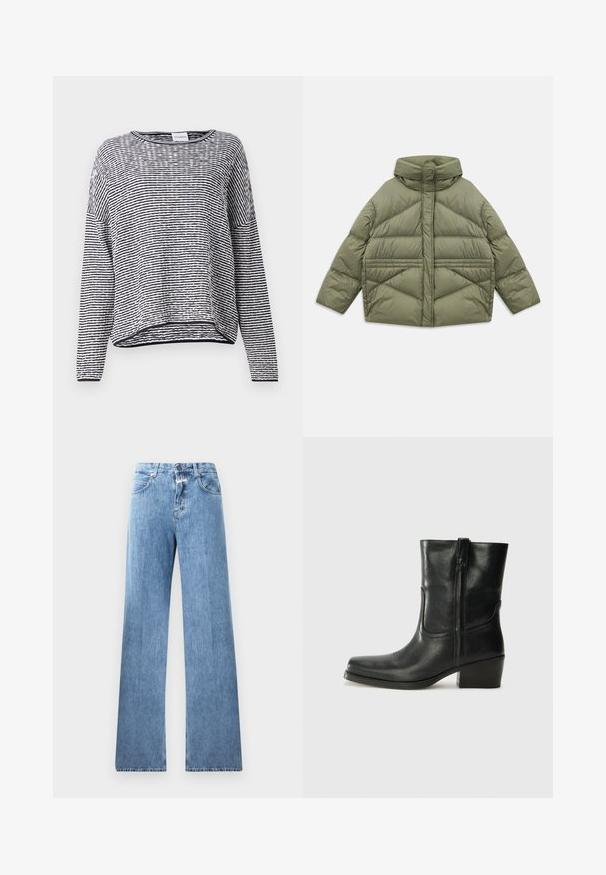 Oliwkowa kurtka puchowa z wysokim kołnierzem, ukośnymi szwami, długimi rękawami i zasuwanymi bocznymi kieszeniami, leżąca płasko na białym tle.; Pasiasty top z długim rękawem w czarno-białym kolorze, z okrągłym dekoltem, luźnym krojem i strukturalnym materiałem z prążkowanymi akcentami na dole.; Jasnoniebieskie dżinsy o szerokim kroju, pięć kieszeni, szlufki na pasek i zapięcie na guzik. Tkanina ma gładką strukturę.; Czarne skórzane botki za kostkę z okrągłym noskiem, słupkowym obcasem, bocznym zamkiem i przeszyciami na cholewce. Gładka tekstura, klasyczny design.