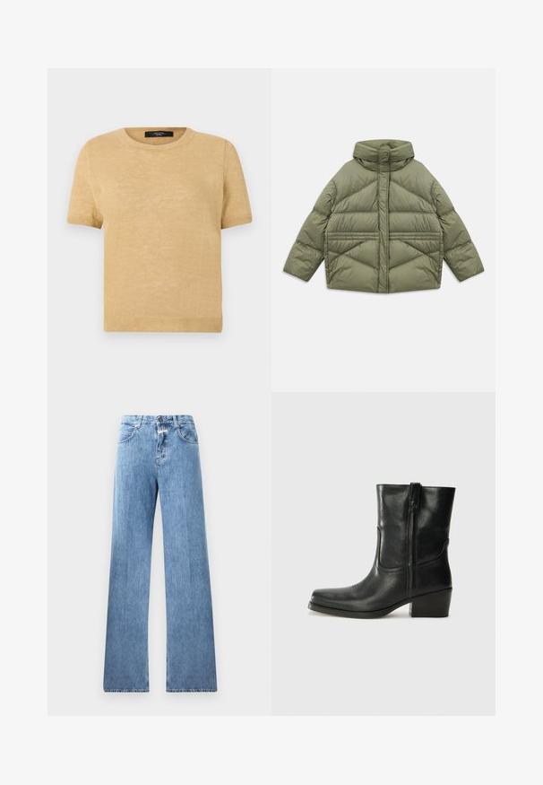 Jachetă puffer de culoare verde măslin, cu guler înalt, cusături diagonale, mâneci lungi și buzunare laterale cu fermoar, întinsă pe un fundal alb.; Pulover tricotat cu mânecă scurtă, de culoare bej deschis, având un gât rotund și margine și manșete cu textură și ajustare.; Jeans din denim albastru deschis cu un design cu picioare largi, cinci buzunare, bucle pentru curea și închidere cu nasture. Tesătura are o textură netedă.; Botine din piele neagră, cu vârf rotund, toc pătrat, fermoar pe lateral și accente de cusături pe partea superioară. Textură netedă, design clasic.