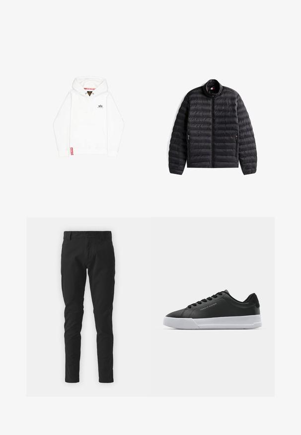 Czarna pikowana kurtka puchowa z kołnierzem stojącym, przednim zamkiem błyskawicznym, zapinanymi kieszeniami po bokach oraz małym czerwono-biało-niebieskim logo na piersi.; Biała hoodie z kapturem, posiadająca kieszeń z przodu, z zaciąganym sznurkiem i małym czarnym logo na piersi. Cechuje się czerwoną metką u dołu.; Czarne bawełniane spodnie o slim fit, z zapięciem na guzik, szlufkami na pasek i bocznymi kieszeniami. Gładka faktura, brak widocznych wzorów.; Czarne sneakersy z syntetycznej skóry z białą gumową podeszwą, z okrągłymi sznurówkami, zaokrąglonym kształtem oraz małym logo po boku.