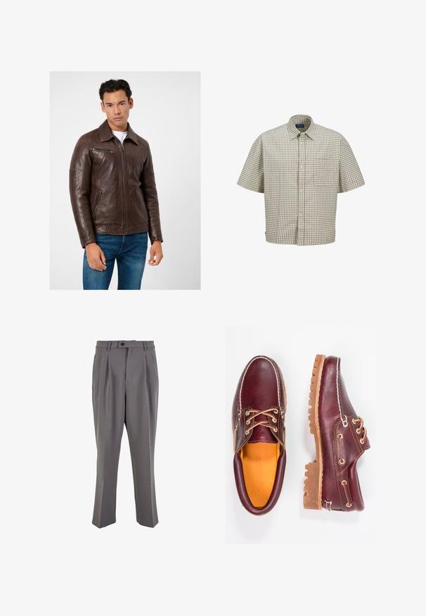 Braune Lederjacke mit geradem Schnitt, Reißverschlusstaschen und Kragen, kombiniert mit blauen Jeans. Glatte Textur und strukturiertes Design.; Kurzarm-Hemd mit karierter Musterung in Beige und Braun, ausgestattet mit einem Button-Down-Kragen, einer aufgesetzten Tasche und einem lockeren Schnitt mit Gittermuster.; Graue, plissierte Hose aus glattem Stoff, mit geradem Schnitt, einem Knopfverschluss und Gürtelschlaufen. Minimalistisches Design.; Bordeauxfarbene Lederschuhe mit braunen Gummisohlen, runder Zehenform, weißen Nähten und goldenen Ösen. Das Innenfutter weist eine gelbe Beschichtung auf.