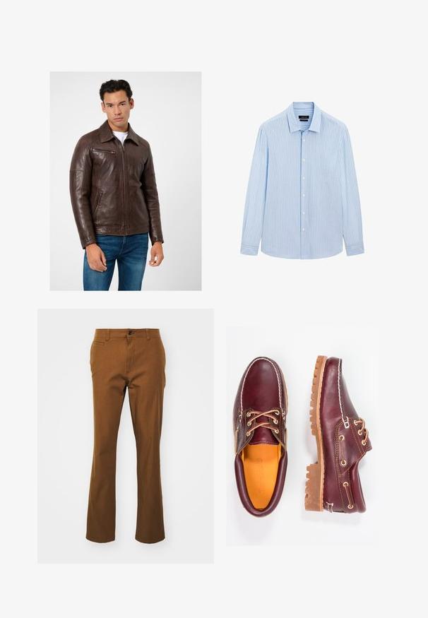 Braune Lederjacke mit geradem Schnitt, Reißverschlusstaschen und Kragen, kombiniert mit blauen Jeans. Glatte Textur und strukturiertes Design.; Hellblaues Button-up-Hemd mit vertikalen weißen Streifen, langen Ärmeln, kragenähnlichem Ausschnitt und geradem Saum. Baumwollmischgewebe.; Braune gerade geschnittene Hose aus Baumwollmischgewebe, mit Reißverschluss, Knopfverschluss und Fronttaschen. Glatte Textur, lässiges Design.; Bordeauxfarbene Lederschuhe mit braunen Gummisohlen, runder Zehenform, weißen Nähten und goldenen Ösen. Das Innenfutter weist eine gelbe Beschichtung auf.