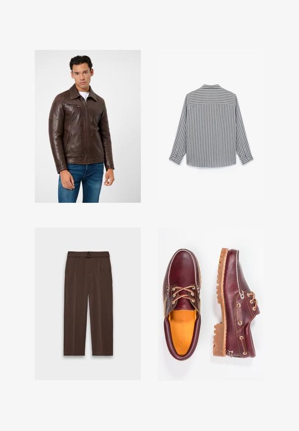 Braune Lederjacke mit geradem Schnitt, Reißverschlusstaschen und Kragen, kombiniert mit blauen Jeans. Glatte Textur und strukturiertes Design.; Graues und weiß gestreiftes Langarmhemd mit geradem Saum, Knopfmanschetten und Kragen, aus einem strukturierten Stoff gefertigt.; Braune Hosen mit einem Gürtel, hoher Taille, gefaltetem Vorderteil und seitlichen Taschen; aus glattem, strukturiertem Stoff gefertigt.; Bordeauxfarbene Lederschuhe mit braunen Gummisohlen, runder Zehenform, weißen Nähten und goldenen Ösen. Das Innenfutter weist eine gelbe Beschichtung auf.