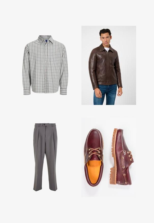 Bruine leren jas met een rechte snit, ritssluitingen in de zakken en een kraag, gecombineerd met blauwe jeans. Gladde textuur en gestructureerd ontwerp.; Langarm overhemd met een lichtblauw en bruin geruit patroon, voorzien van een borstzak en een ronde kraag. Gemaakt van een katoenmix.; Grijze geplooide broek van gladde stof, met een rechte snit, een enkele knoopsluiting en riemlussen. Minimalistisch ontwerp.; Bordeaux leren schoenen met bruine rubberen zolen, ronde neus, witte stiksels en gouden veterogen. Het interieur heeft een gele voering.