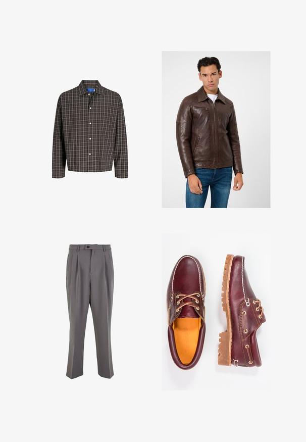 Brown leather jacket with a straight cut, zippered pockets, and a collar, paired with blue jeans. Smooth texture and structured design.; Brown and black plaid shirt with a button-down collar and a single chest pocket, displayed frontally against a white background.; Gray pleated trousers made of smooth fabric, featuring a straight cut, a single button closure, and belt loops. Minimalist design.; Burgundy leather shoes with brown rubber soles, round toe, white stitching, and gold eyelets. Interior features a yellow lining.