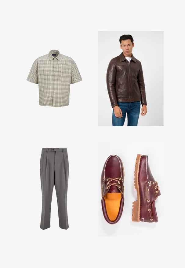 Brun läderjacka med rak skärning, dragkedjefickor och krage, parat med blå jeans. Slät textur och strukturerad design.; Kortärmad skogsgrön rutig skjorta med beige och bruna nyanser, med krage som kan knäppas ner, bröstficka och en avslappnad passform med rutmönster.; Grå plisserade byxor i mjukt tyg, med rak passform, en enkel knappstängning och bälteshällor. Minimalistisk design.; Burgundy läderskor med bruna gummisulor, rund tå, vit söm och gyllene öljetter. Inredningen har en gul foder.