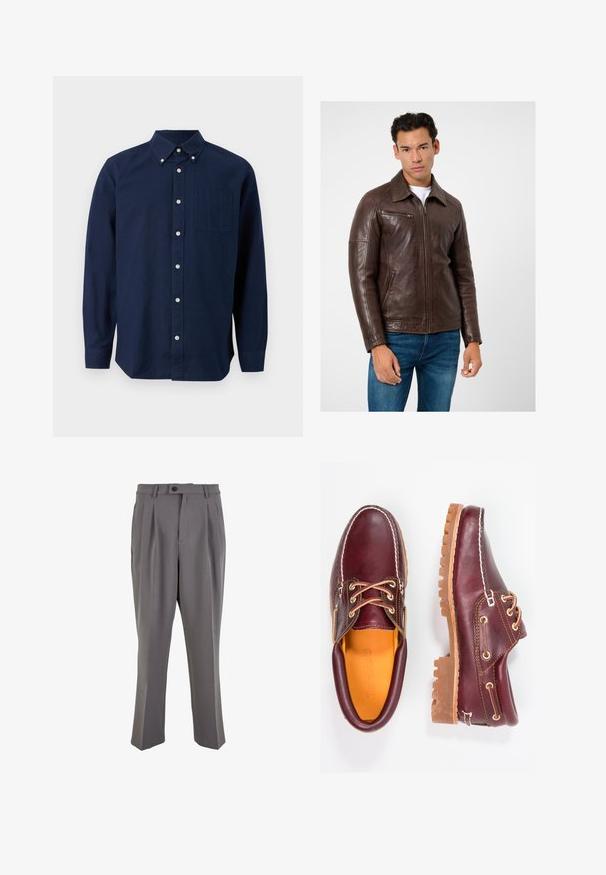 Bruine leren jas met een rechte snit, ritssluitingen in de zakken en een kraag, gecombineerd met blauwe jeans. Gladde textuur en gestructureerd ontwerp.; Marineblauw overhemd met lange mouwen, knoopsluiting en een borstzak, met een button-down kraag, weergegeven tegen een witte achtergrond.; Grijze geplooide broek van gladde stof, met een rechte snit, een enkele knoopsluiting en riemlussen. Minimalistisch ontwerp.; Bordeaux leren schoenen met bruine rubberen zolen, ronde neus, witte stiksels en gouden veterogen. Het interieur heeft een gele voering.