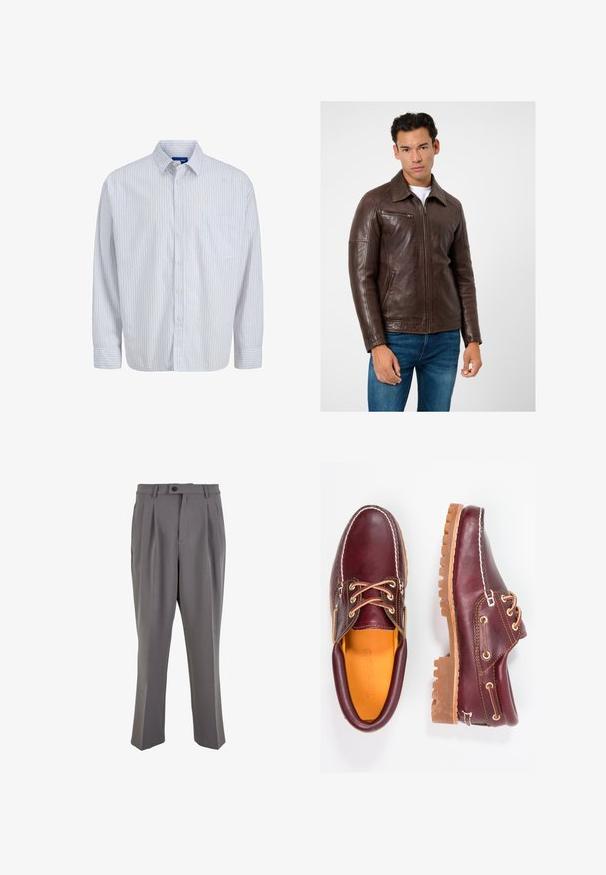Braune Lederjacke mit geradem Schnitt, Reißverschlusstaschen und Kragen, kombiniert mit blauen Jeans. Glatte Textur und strukturiertes Design.; Langärmliges weißes Hemd mit dünnen vertikalen roten Streifen, einer Brusttasche, einem Kragen und geknöpften Manschetten.; Graue, plissierte Hose aus glattem Stoff, mit geradem Schnitt, einem Knopfverschluss und Gürtelschlaufen. Minimalistisches Design.; Bordeauxfarbene Lederschuhe mit braunen Gummisohlen, runder Zehenform, weißen Nähten und goldenen Ösen. Das Innenfutter weist eine gelbe Beschichtung auf.