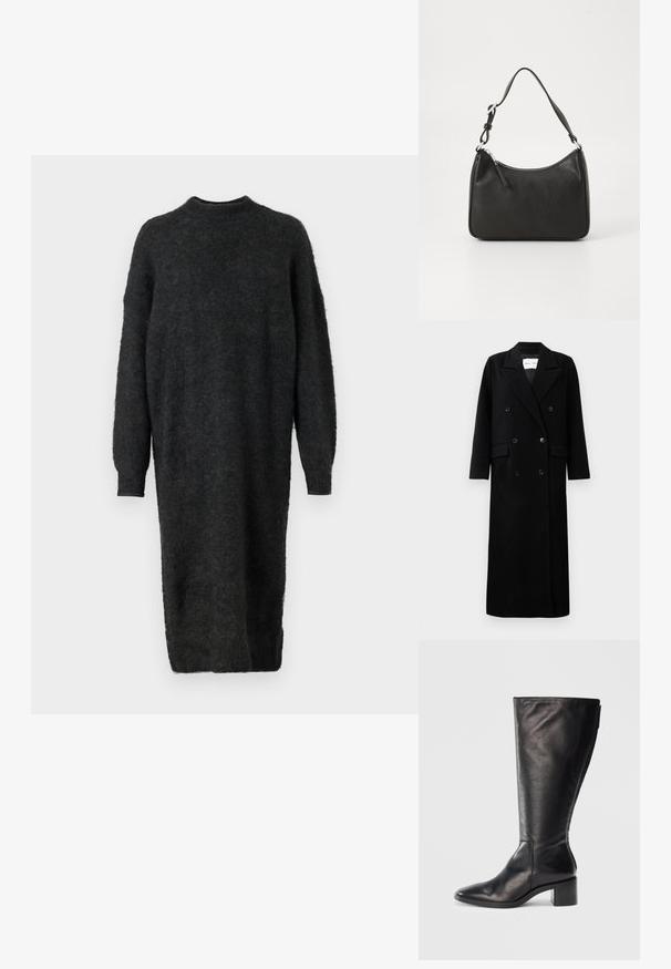 Czarny wełniany płaszcz o podwójnym zapięciu, z dużymi klapami, przednimi kieszeniami i sześcioma pasującymi guzikami. Długi, prosty krój.; Długa czarna sukienka swetrowa z puszystej tkaniny, z wysokim dekoltem, opadającymi ramionami i długimi rękawami. Posiada prostą sylwetkę oraz boczne rozcięcia.; Czarne skórzane kozaki do kolan z kwadratowym noskiem, blokowym obcasem i eleganckim designem. Gładka tekstura z bocznym zamkiem ułatwiającym zakładanie.; Czarna skórzana torebka o zaokrąglonym kształcie, z pojedynczym uchwytem, zamknięciem na zamek błyskawiczny oraz subtelnym logo z przodu. Gładka faktura, minimalistyczny design.