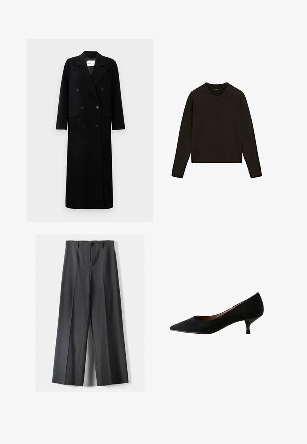 Black wool coat with a double-breasted design, large notched lapels, front pockets, and six matching buttons. Long, straight cut.; Dark brown knitted sweater with a crew neckline, long sleeves, and ribbed hem. Soft texture with a relaxed fit, suitable for layering.; Wide-leg trousers in dark grey fabric, featuring a button closure, front pleats, and belt loops. Smooth texture with a tailored design.; Black suede pump with a pointed toe, low kitten heel, smooth texture, and a minimalist design, suitable for formal or professional wear.