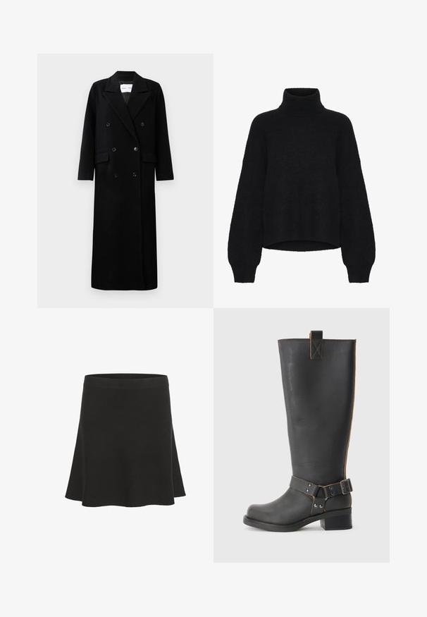 Čierny vlnený kabát s dvojradovým zapínaním, veľkými klopami, prednými vreckami a šiestimi zladenými gombíkmi. Dlhý, rovný strih.; Čierny rolák so skráteným strihom, vyrobený z nadýchaného materiálu. Má široké rukávy a rebrovanú textúru na golieri.; Čierna rozšírená mini sukňa vyrobená z jemného materiálu s hladkou textúrou a širokým pásom. Má jednoduchý dizajn bez vzorov alebo akcentov.; Čierna kožená čižma po kolená s textúrovaným povrchom, obsahujúca postranný akcent s prackou a nízkym opätkom. Podrobné prešitie pozdĺž švov.