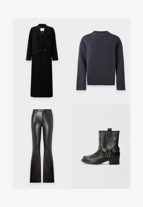 Svart ullkappa med dubbelknäppt design, stora snedskärda slag, framfickor och sex matchande knappar. Lång, rak skärning.; Mörkblå stickad tröja med hög ribbad halsringning och breda ribbade ärmslut och nederkant. Har en avslappnad passform och texturerad tyg.; Svarta läderbyxor med utsvängd benform, som har en slät yta, fem fickor, knappstängning framtill och en åtsittande silhuett genom låren.; Samsøe Samsøe SABRENTA - Cowboy- / Bikerstövletter - black