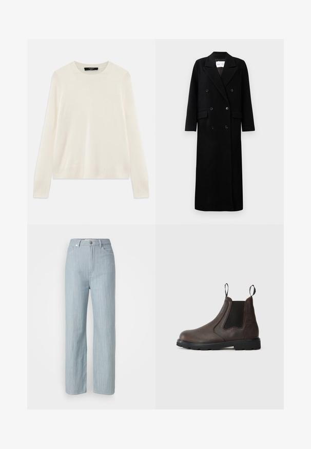 Zwarte wollen jas met een dubbelgebreid ontwerp, grote notch-lapels, voorzakken en zes bijpassende knopen. Lange, rechte snit.; Crème-kleurige gebreide trui met een ronde halslijn, lange mouwen en geribbelde accenten bij de boorden en onderkant. Zachte, fijne textuur.; Lichtblauwe recht gesneden jeans van denim. Heeft vijf zakken, een metalen knoopsluiting en subtiele whisks voor textuur.; Bruine leren Chelsea boot met elastische zijpanelen, trek-lussen en een rubberen zool met een profielpatroon voor grip.