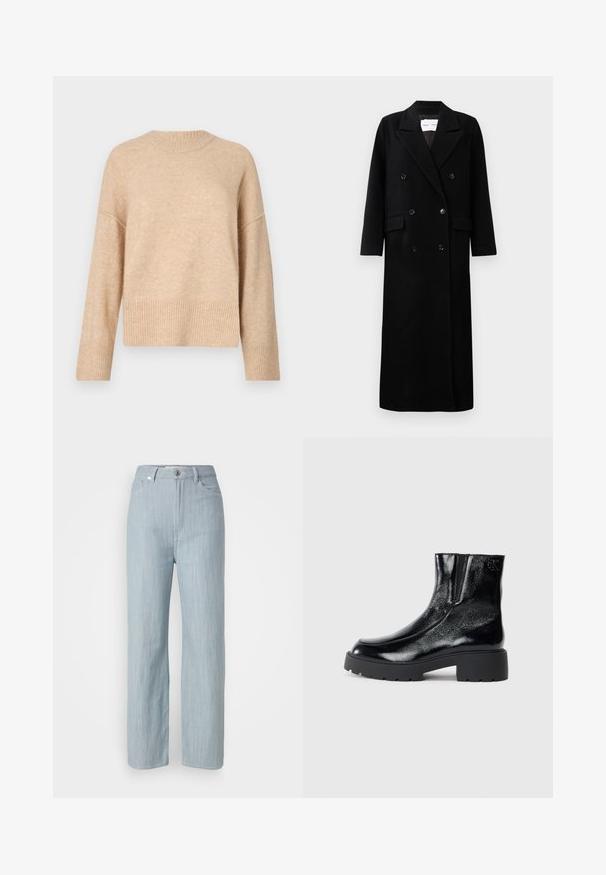 Manteau en laine noir avec un design croisé, grands revers crantés, poches avant et six boutons assortis. Coupe longue et droite.; Pull en maille beige avec un col rond, des épaules tombantes et un ourlet côtelé. La texture semble douce et légèrement duveteuse.; Jean droit en denim bleu clair. Comprend cinq poches, une fermeture à bouton en métal et un léger délavage pour la texture.; Bottines noires avec une finition en cuir verni brillant, semelle en caoutchouc noir épaisse et talon surélevé ; inclut un détail de logo subtil sur le côté.