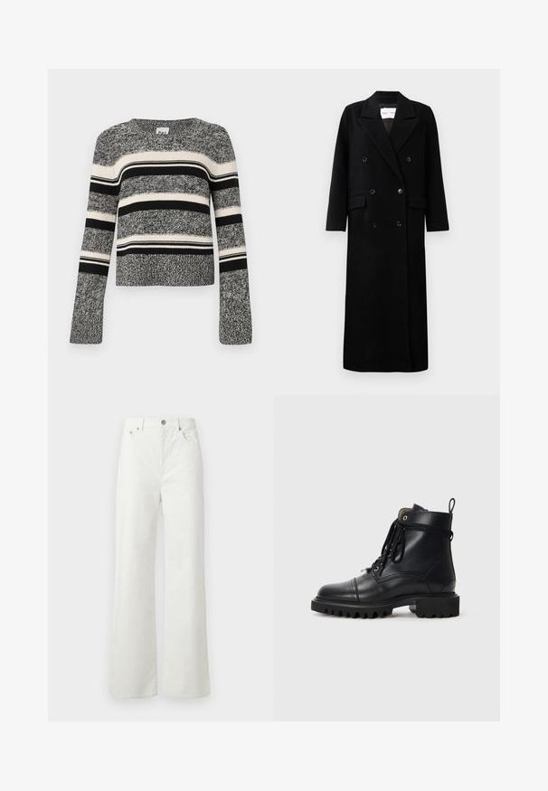 Schwarzer Wollmantel mit einem doppelt knöpfbaren Design, großen eingekerbten Revers, frontalen Taschen und sechs passenden Knöpfen. Langer, gerader Schnitt.; Gestreifter Pullover in Schwarz und Weiß mit rundem Halsausschnitt. Texturiertes Strickmaterial. Lange Ärmel mit ausladenden Bündchen. Horizontale Streifen in unterschiedlichen Breiten.; Samsøe Samsøe SHELLY - Jeans Relaxed Fit - clear cream; Schwarze Lederstiefelette mit runder Zehenpartie, robuster Gummisohle, Schnürsenkeln und Zugschlaufe; ausgestattet mit goldenen Ösen und genähten Details.
