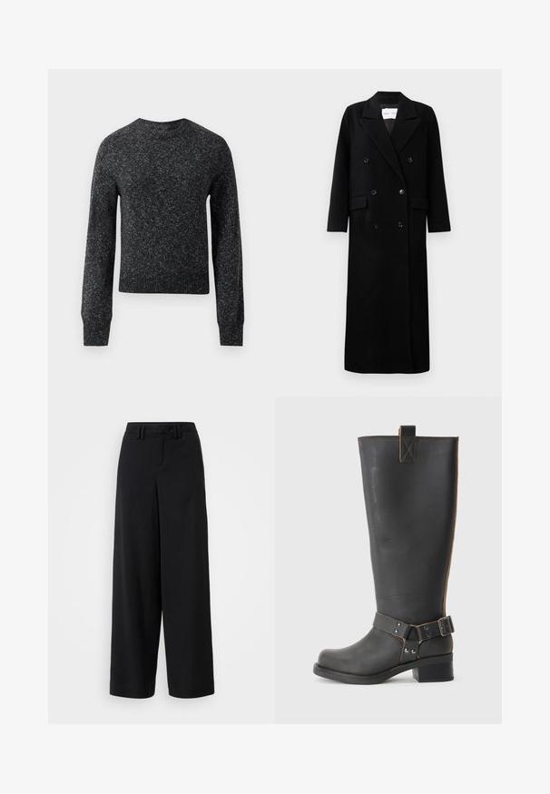 Schwarzer Wollmantel mit einem doppelt knöpfbaren Design, großen eingekerbten Revers, frontalen Taschen und sechs passenden Knöpfen. Langer, gerader Schnitt.; Dunkelgrauer, marmorierter Strickpullover mit langen Ärmeln, gerippten Bündchen, Saum und Rundhalsausschnitt, präsentiert vor einem weißen Hintergrund.; Schwarze weite Hosen aus glattem Stoff, mit einem flachen Frontdesign, gefältelten Details und Gürtelschlaufen am Bündchen.; Schwarze Leder-Stiefel bis zum Knie mit strukturiertem Finish, seitlichem Schnallenakzent und niedrigem Absatz. Detaillierte Steppnähte entlang der Nähte.