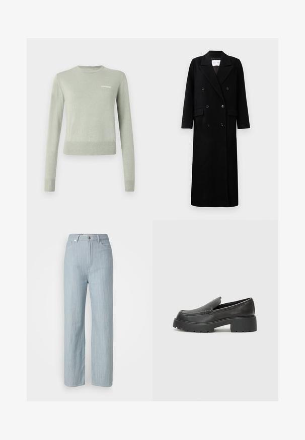 Black wool coat with a double-breasted design, large notched lapels, front pockets, and six matching buttons. Long, straight cut.; Light green knit sweater with long sleeves, crew neckline, and ribbed cuffs and hem. Features white embroidered logo on the chest.; Light blue straight-leg jeans made of denim. Features five pockets, a metal button closure, and subtle whiskering for texture.; Black leather loafers with a rounded toe, thick textured sole, and minimal stitching details. Sleek design with no visible laces or hardware.