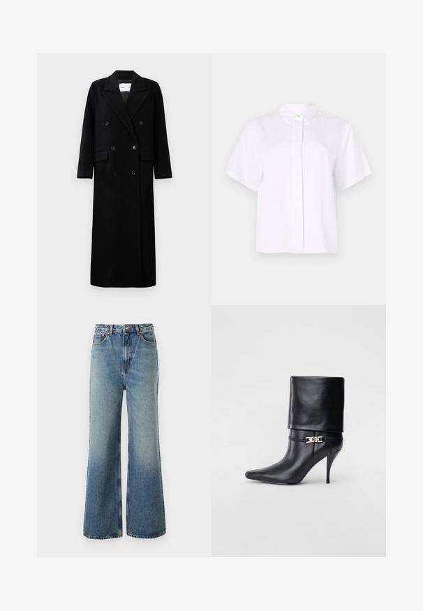Μαύρο παλτό από μάλλινο ύφασμα με διπλή σειρά κουμπιών, μεγάλα κατώτερα πέτα, μπροστινές τσέπες και έξι κουμπιά στο ίδιο χρώμα. Μακριά, ίσια γραμμή.; Λευκό πουκάμισο κοντομάνικο από απαλό ύφασμα, με μυτερό γιακά και κουμπιά στη σειρά, περιλαμβάνοντας ένα κουμπί σε πράσινη απόχρωση.; Ανοιχτού μπλε τζιν παντελόνι με ψηλή μέση, φαρδιά γραμμή, ελαφριά ξεθωριασμένα σημεία και αντίθετες ραφές; διαθέτει μπροστινές τσέπες και κούμπωμα με κουμπί.; Μαύρη δερμάτινη μπότες έως τον αστράγαλο με μυτερή μύτη, ψηλό στιλέτο τακούνι, διπλωμένη πατούσα και χρυσή διακοσμητική αγκράφα στον αστράγαλο.
