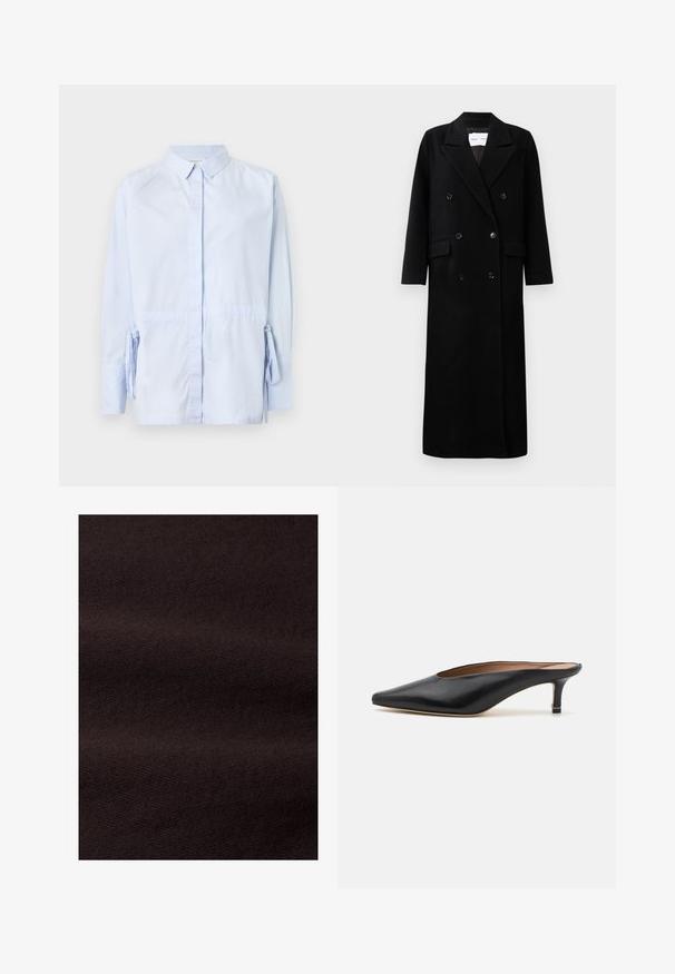 Zwarte wollen jas met een dubbelgebreid ontwerp, grote notch-lapels, voorzakken en zes bijpassende knopen. Lange, rechte snit.; Lichtblauw overhemd van katoen. Beschikt over lange mouwen met strikjes bij de polsen en een standaardkraag. Gladde textuur.; Donkerbruin stof met een gladde textuur en een subtiele diagonale weefstructuur, met een consistente kleur en een nette afwerking.; Zwarte leren muiltjes met een puntige neus en een lage, blokhak. Glad oppervlak met een gestroomlijnd ontwerp. Open achterkant met minimale details.