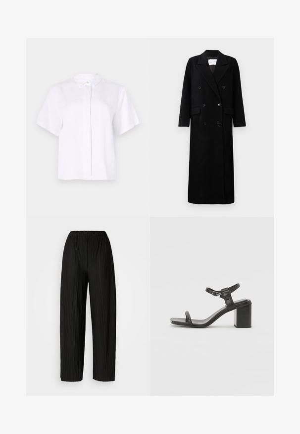 Abrigo de lana negro con un diseño de doble botonadura, grandes solapas con muesca, bolsillos delanteros y seis botones a juego. Corte largo y recto.; Camisa blanca de manga corta confeccionada en tela suave, con cuello puntiagudo y una botonera con un botón de acento verde.; Pantalones anchos de pierna amplia, de color negro, con una cintura elástica. La tela presenta pliegues verticales y una textura suave.; Sandal de cuero negro con tacón cuadrado, con una correa amplia en la parte delantera y una correa ajustable en el tobillo, que presenta un diseño elegante y minimalista.