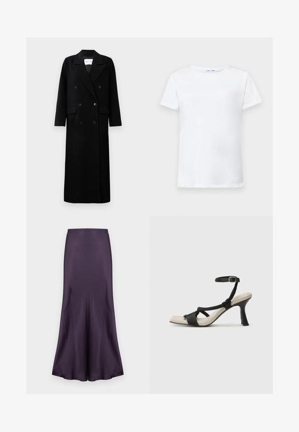 Juodas vilnonis paltas su dvigubu užsegimu, dideliais išpjovimais, priekinėmis kišenėmis ir šešiais suderintais mygtukais. Ilgas, tiesus kirpimas.; Balta trumpa medvilninė marškinėlių su apvalia iškirpte. Lygus paviršius ir tiesus kirpimas, be raštų ar akcentų.; Purpurinė sateninė sijonas su praplatintu apačiu, pasižyminti lygiu paviršiumi ir prigludusia juosmens linija. Sukurta elegantiškai ir sklandžiai siluetui.; Juodų aukštakulnių sandalų su pintu dirželiu dizainas, kvadratine nosimi ir reguliuojamu kulkšnies dirželiu. Šviesiai bežė padas su blizgiu juodu kulnu.