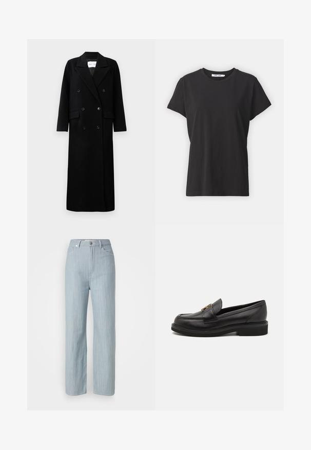 Juodas vilnonis paltas su dvigubu užsegimu, dideliais išpjovimais, priekinėmis kišenėmis ir šešiais suderintais mygtukais. Ilgas, tiesus kirpimas.; Juodas medvilninis marškinėlis su klasikiniu apvaliu kaklu, trumpomis rankovėmis ir laisvu pritaikymu. Sklandžiai tekstūruotas, be matomų raštų ar akcentų.; Šviesiai mėlyni tiesūs džinsai, pagaminti iš džinsinio audinio. Turi penkias kišenes, metalinį mygtuko užsegimą ir subtilų dėmėtumą, suteikiantį tekstūrą.; Juodieji odiniai loaferiai su apvaliu pirštu, siuvinėjimo detalėmis, auksinės spalvos aparatūra ir žemu tekstūruotu guminio pado. Lygus, blizgus paviršius.