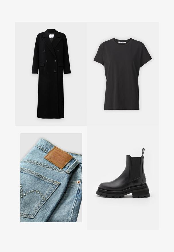 Zwarte wollen jas met een dubbelgebreid ontwerp, grote notch-lapels, voorzakken en zes bijpassende knopen. Lange, rechte snit.; Zwarte katoenen t-shirt met een klassieke ronde hals, korte mouwen en een ontspannen pasvorm. Soepele textuur, geen zichtbare patronen of accenten.; Levi's® CROP - Straight leg jeans - hidden happiness; Zwarte leren Chelsea-boot met elastische zijpanelen, ronde neus, robuuste rubberen zool en een trekriem aan de hiel. Textuur- en gladde oppervlakken.