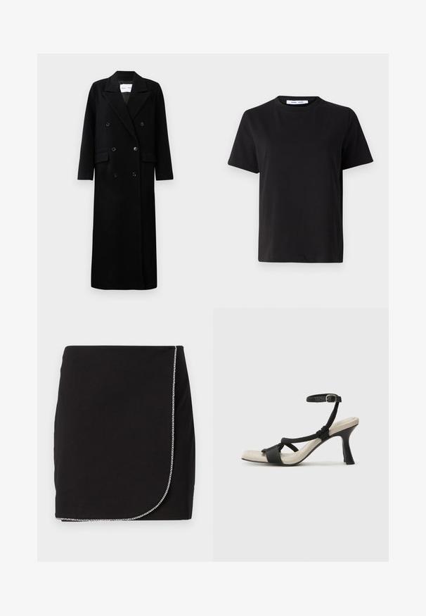 Fekete gyapjú kabát dupla melles dizájnnal, nagy, kifogott hajtókákkal, elülső zsebekkel és hat azonos gombbal. Hosszú, egyenes szabású.; Fekete, rövid ujjú póló, puha pamutból készült, kerek nyakkivágással, laza szabással és sima textúrával. Nincs látható minta vagy grafikák.; Fekete mini szoknya sima anyagból, lánc díszítéssel az alsó szegélyén, átkötős kivitelben és letisztult vonalakkal.; Fekete sarkú szandál fonott pánttal, négyzet alakú orral és állítható bokapánttal. Világos bézs talpbetét fényes fekete sarkával.