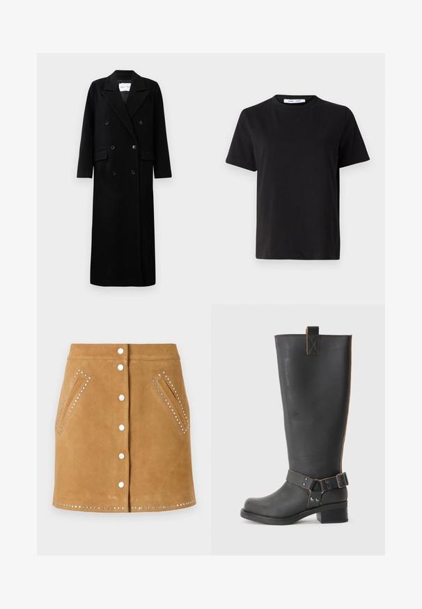 Melnas vilnas mērces ar divrindu dizainu, lieliem iekļautiem apmalei, priekšējām kabatām un sešiem atbilstošiem pogām. Garš, taisns griezums.; Melna īsām piedurknēm T-kreklu, kas izgatavots no mīksta kokvilnas, ar apļveida kakla izgriezumu, brīvu piegriezumu un gludu tekstūru. Nav redzamu rakstu vai grafikas.; Brūna zamša svārki ar frontālo pogu aizdari, divām sānu kabatām un sudraba kniedēm ap kabatām un apakšmalu. Gluda tekstūra.; Melnas ādas līdz ceļiem augstas zābakus ar teksturētu apdari, ar sānu sprādzi un zemu papēdi. Izšūšana gar šuvēm.