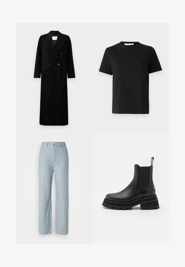 Mustmust vest, millekõlaga disain, suured nurgelised kraed, esiselt taskud ja kuus vaste nupud. Pikk, sirge lõige.; Must have lühikeste varrukatega t-särk, mis on valmistatud pehmest puuvillast, ümmarguse kaelusega, lõdva sobivusega ja sileda tekstuuriga. Ei ole nähtavaid mustreid ega graafikat.; Heledad sinine sirge säärtega teksapüksid, mis on valmistatud denimkangast. Omab viit taskut, metallist nupuga sulgemist ja õrna kulumist tekstuuri jaoks.; Musthave musta nahast Chelsea saapad elastsete külgpaneelidega, ümmarguse nina, jäme kummitald ja tõmbevahe heel'il. Strukturiseeritud ja siledad pinnad.