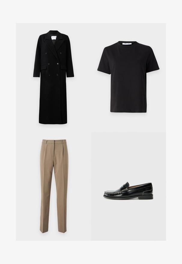 Schwarzer Wollmantel mit einem doppelt knöpfbaren Design, großen eingekerbten Revers, frontalen Taschen und sechs passenden Knöpfen. Langer, gerader Schnitt.; Schwarzes T-Shirt mit kurzen Ärmeln aus weicher Baumwolle, mit rundem Ausschnitt, lockerer Passform und glatter Textur. Keine sichtbaren Muster oder Grafiken.; Braune maßgeschneiderte Hose aus glattem Stoff, mit geradem Bein, Bundfalten und einem Bund mit Gürtelschlaufen.; Schwarze Lederloafers mit gestepptem Design, glatter Oberfläche, niedrigem Blockabsatz und silbernen Akzenten. Klassische, abgerundete Zehenform.