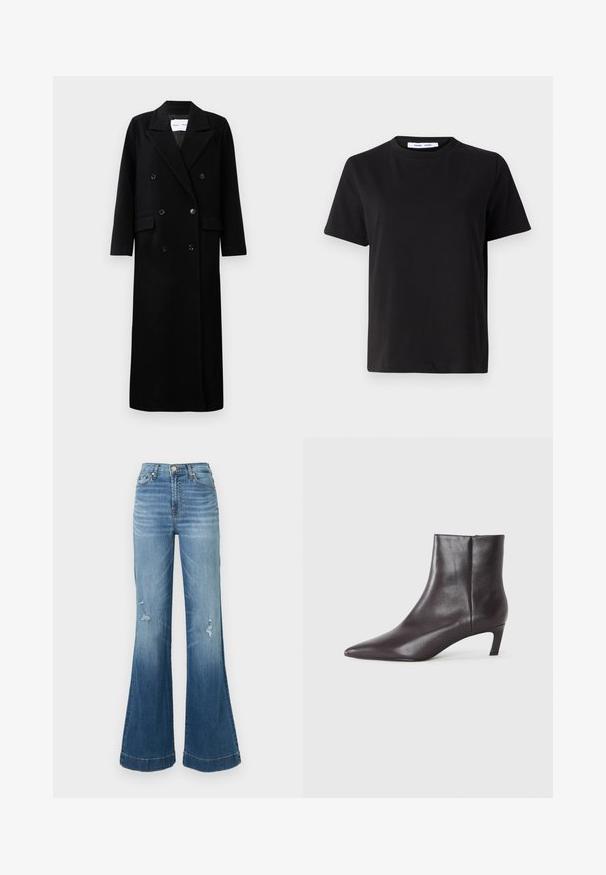 Manteau en laine noir avec un design croisé, grands revers crantés, poches avant et six boutons assortis. Coupe longue et droite.; T-shirt noir à manches courtes en coton doux, avec un col rond, une coupe décontractée et une texture lisse. Pas de motifs ni de graphiques visibles.; Jean flare en denim bleu avec taille haute, coutures visibles et détails usés près des genoux. Les évasements s'élargissent du genou à l'ourlet.; Botte de cheville en cuir noir avec un bout pointu et un petit talon, finition lisse, fermeture éclair sur le côté, présentée sur un fond neutre.