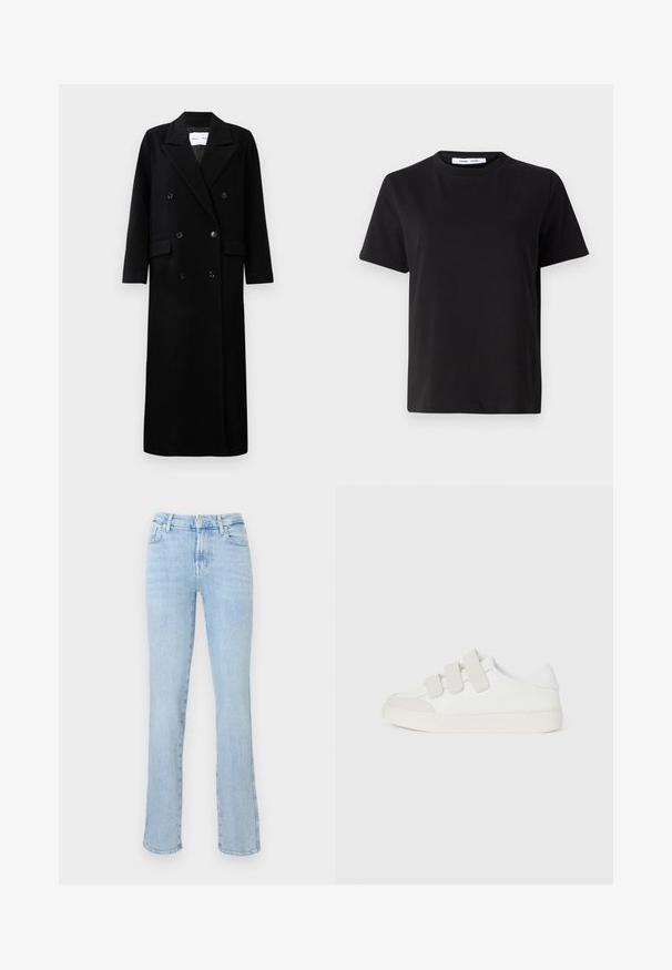 Melnas vilnas mērces ar divrindu dizainu, lieliem iekļautiem apmalei, priekšējām kabatām un sešiem atbilstošiem pogām. Garš, taisns griezums.; Melna īsām piedurknēm T-kreklu, kas izgatavots no mīksta kokvilnas, ar apļveida kakla izgriezumu, brīvu piegriezumu un gludu tekstūru. Nav redzamu rakstu vai grafikas.; Gai zilo augsto jostas taisno kāju džinsus ar priekšējo pogu un rāvējslēdzēja aizdari, piecām kabatām un vieglu izbalējušu detaļu.; Balta sneaks ar gludu ādas virsotni, trīs stiprināšanas lentēm uz priekšpuses, noapaļotu purngalu un masīvu gaiši krāsotu gumijas zoli.