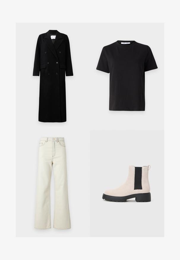 Zwarte wollen jas met een dubbelgebreid ontwerp, grote notch-lapels, voorzakken en zes bijpassende knopen. Lange, rechte snit.; Zwart T-shirt met korte mouwen, gemaakt van zachte katoen, met een ronde hals, een ontspannen pasvorm en een gladde textuur. Geen zichtbare patronen of opdrukken.; Hoge taille beige denim jeans met wijde pijpen, voorzien van lichte stiksels en een ritssluiting aan de voorkant. Geen zichtbare zakken.; Beige suède Chelsea-boot met zwarte elastische zijpaneel, robuuste zwarte zool en een trekhaak bij de enkel.