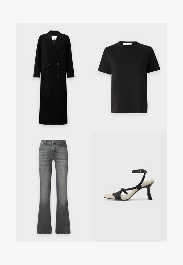 Črn volnen plašč z dvojno zapenjanjem, velikimi jopičastimi reverji, sprednjimi žepi in šestimi ujemajočimi gumbi. Dolg, raven kroj.; Črna majica s kratkimi rokavi iz mehkega bombaža, ki ima okroglo izrezovanje, udoben kroj in gladko teksturo. Brez vidnih vzorcev ali grafike.; Sive flare jeans iz denima, z nagubanim pasom srednje višine, subtilnim bledenjem in klasičnim petrožičnim dizajnom.; Črne sandale na visoki peti z prepletenim trakom, kvadratnim nosom in nastavljivim gležnjenjem. Svetlo bež podplat z sijajno črno peto.