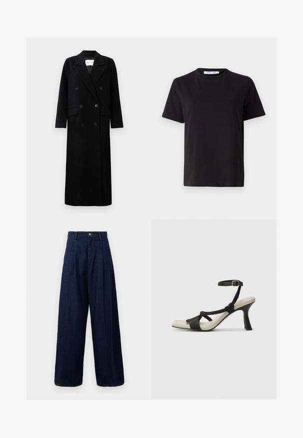 Črn volnen plašč z dvojno zapenjanjem, velikimi jopičastimi reverji, sprednjimi žepi in šestimi ujemajočimi gumbi. Dolg, raven kroj.; Črna majica s kratkimi rokavi iz mehkega bombaža, ki ima okroglo izrezovanje, udoben kroj in gladko teksturo. Brez vidnih vzorcev ali grafike.; Temno modri denim široki hlače z visokim pasom, nabranim sprednjim delom in klasičnim gumbom za zapiranje, ki imajo stranske žepke in kontrastno šiv.; Črne sandale na visoki peti z prepletenim trakom, kvadratnim nosom in nastavljivim gležnjenjem. Svetlo bež podplat z sijajno črno peto.