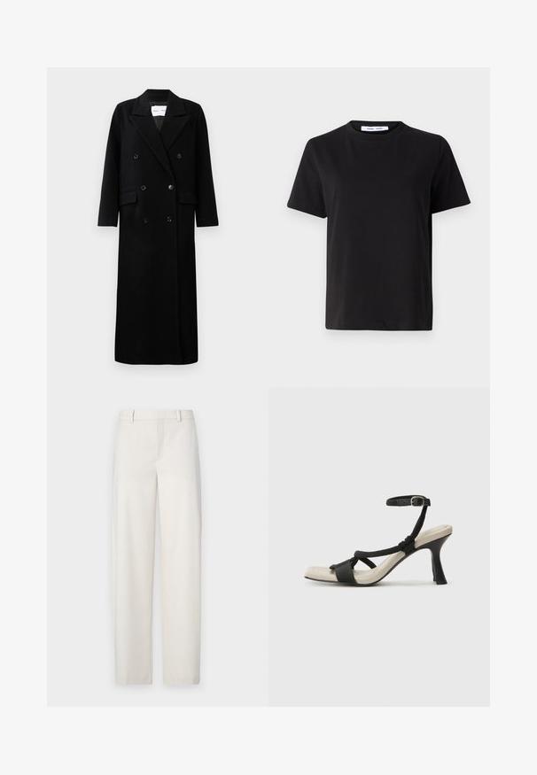 Svart ullkappa med dubbelknäppt design, stora snedskärda slag, framfickor och sex matchande knappar. Lång, rak skärning.; Svart kortärmad t-shirt i mjuk bomull, med rund halsringning, avslappnad passform och en mjuk yta. Inga synliga mönster eller tryck.; Ljusbeige byxor i ett mjukt material med rak passform, platt front, bälteshällor och sidofickor.; Svart klacksandaler med flätad remdesign, fyrkantig tå och justerbar vristrem. Ljusbeige fotbädd med glansig svart klack.