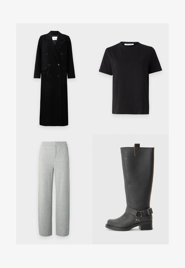 Palton negru din lână cu un design cu două rânduri de butoni, revere mari cu colțuri, buzunare frontale și șase butoane asortate. Croială lungă, dreaptă.; Tricou negru cu manșon scurt, fabricat din bumbac moale, având un guler rotund, o croială lejeră și o textură netedă. Fără modele sau grafice vizibile.; Pantaloni țesuti gri deschis cu o textură discretă melanjată, având un design cu picioare largi și o talie plată, fără accesorii sau buzunare vizibile.; Cizmă înaltă din piele neagră, cu un finisaj texturat, având un accent cu cataramă pe lateral și un toc mic. Cusături detaliate de-a lungul cusăturilor.