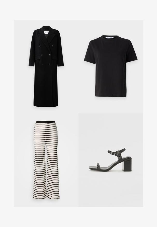Manteau en laine noir avec un design croisé, grands revers crantés, poches avant et six boutons assortis. Coupe longue et droite.; T-shirt noir à manches courtes en coton doux, avec un col rond, une coupe décontractée et une texture lisse. Pas de motifs ni de graphiques visibles.; Pantalons larges à rayures avec une taille noire. Fabriqués en tissu léger avec des rayures horizontales noires et blanches.; Sandale en cuir noir à talon bloc avec une large lanière sur les orteils et une lanière de cheville réglable, présentant un design épuré et minimaliste.