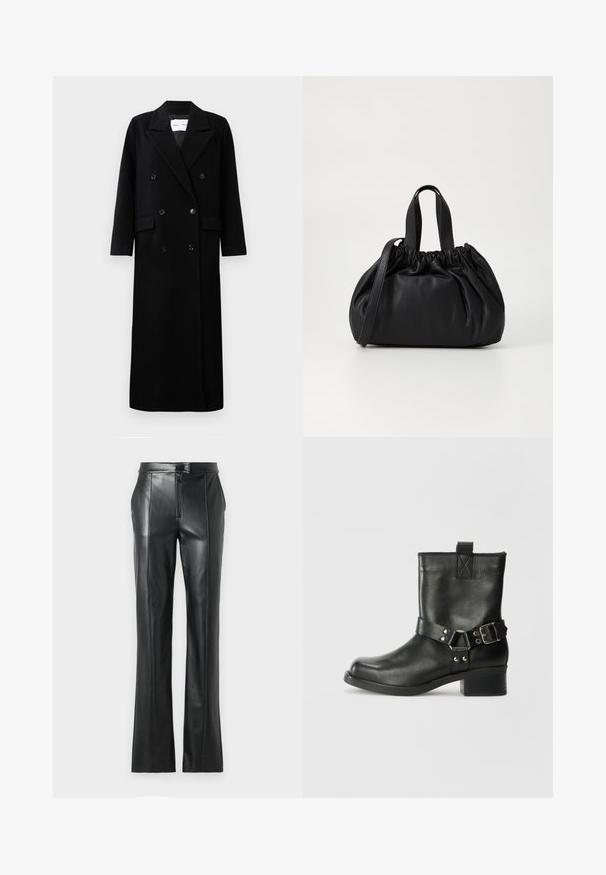 Črn volnen plašč z dvojno zapenjanjem, velikimi jopičastimi reverji, sprednjimi žepi in šestimi ujemajočimi gumbi. Dolg, raven kroj.; Črna majica s kratkimi rokavi iz mehkega bombaža, ki ima okroglo izrezovanje, udoben kroj in gladko teksturo. Brez vidnih vzorcev ali grafike.; Črne usnjene hlače s ravnim krojem, visokim pasom, zapiranjem na zadrgo in vidnimi šivi vzdolž šivov. Gladka tekstura.; Samsøe Samsøe SABRENTA - Gležnjar v kavbojskem in motorističnem slogu - black; Črna usnjena torbica z zloženim zgornjim dizajnom, opremljena z dvema kratkima ročkama in dolgo nastavljivo naramnico. Gladka tekstura, okrogla oblika.