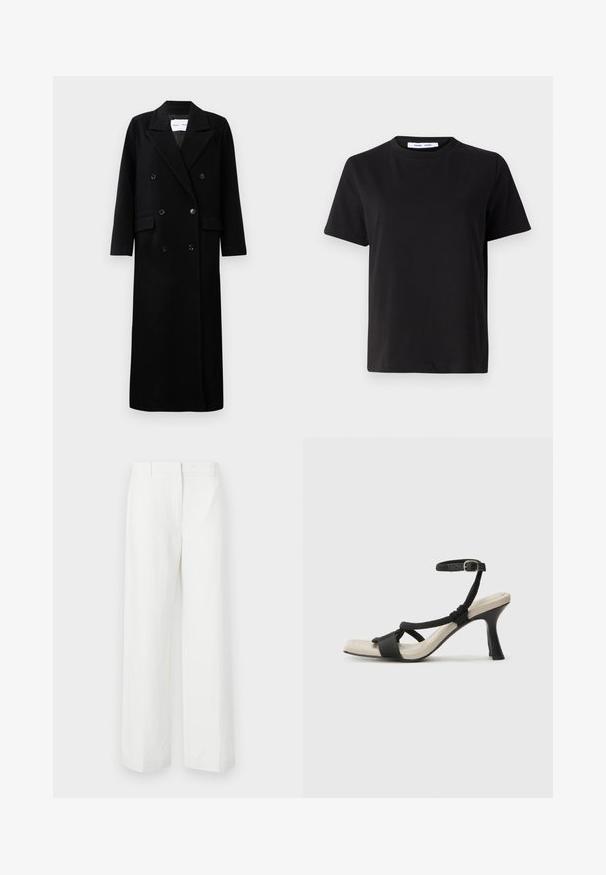 Čierny vlnený kabát s dvojradovým zapínaním, veľkými klopami, prednými vreckami a šiestimi zladenými gombíkmi. Dlhý, rovný strih.; Čierne tričko s krátkym rukávom vyrobené z mäkkej bavlny, s okrúhlym výstrihom, uvoľneným strihom a hladkou štruktúrou. Žiadne viditeľné vzory ani grafika.; Biele široké nohavice s hladkou textúrou, so plochým predným dielom a prežehlenými záhybmi. Vyrobené z ľahkého materiálu, bez viditeľných vzorov.; Čierne sandále na podpätku s pleteným pásikom, štvorcovou špičkou a nastaviteľným remienkom okolo členka. Svetlobéžová stielka s lesklým čiernym podpätkom.