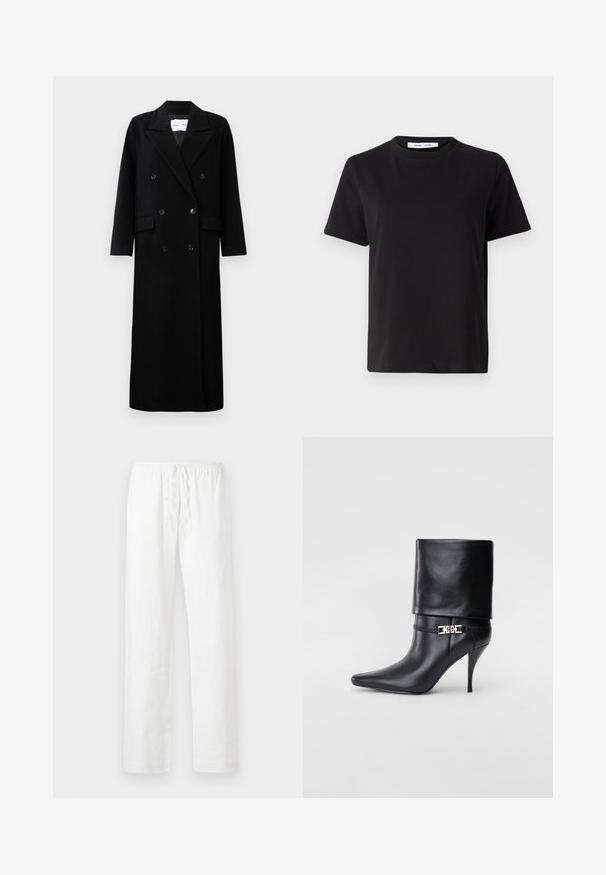 Juodas vilnonis paltas su dvigubu užsegimu, dideliais išpjovimais, priekinėmis kišenėmis ir šešiais suderintais mygtukais. Ilgas, tiesus kirpimas.; Juodas trumpas rankovės marškinėliai, pagaminti iš minkštos medvilnės, su apvaliu iškirpimu, laisvu pritaikymu ir lygiu paviršiumi. Nėra matomų raštų ar grafikos.; Balti lininiai džinsai su laisvu siluetu, elastine raištelių juosta ir tiesiomis kojomis; lygus paviršius ir lengvas audinys.; Juodos odinės kulkšninių botų su smailiu nosiu, aukštu stiletto kulnu, apvyniojamu kraštu ir auksine dekoratyvine sagtimi prie kulkšnies.