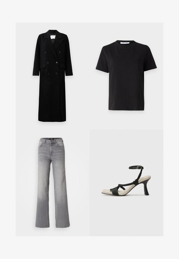 Palton negru din lână cu un design cu două rânduri de butoni, revere mari cu colțuri, buzunare frontale și șase butoane asortate. Croială lungă, dreaptă.; Tricou negru cu manșon scurt, fabricat din bumbac moale, având un guler rotund, o croială lejeră și o textură netedă. Fără modele sau grafice vizibile.; Jeans din denim gri, cu talie înaltă și croială dreaptă, cu fermoar și nasture frontal, buzunare frontale și spate, și nuanțe estompate pe coapse și gambe.; Sandal cu toc negru, cu design de curea împletită, vârf pătrat și curea de gleznă ajustabilă. Tălpică de un bej deschis și toc negru lucios.