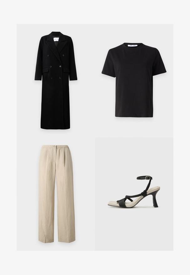 Črn volnen plašč z dvojno zapenjanjem, velikimi jopičastimi reverji, sprednjimi žepi in šestimi ujemajočimi gumbi. Dolg, raven kroj.; Črna majica s kratkimi rokavi iz mehkega bombaža, ki ima okroglo izrezovanje, udoben kroj in gladko teksturo. Brez vidnih vzorcev ali grafike.; Bež hlače širokega kroja iz mehkega materiala z nabranim elastičnim pasom in sprednjim gumbom. Gladka tekstura s pregibi.; Črne sandale na visoki peti z prepletenim trakom, kvadratnim nosom in nastavljivim gležnjenjem. Svetlo bež podplat z sijajno črno peto.