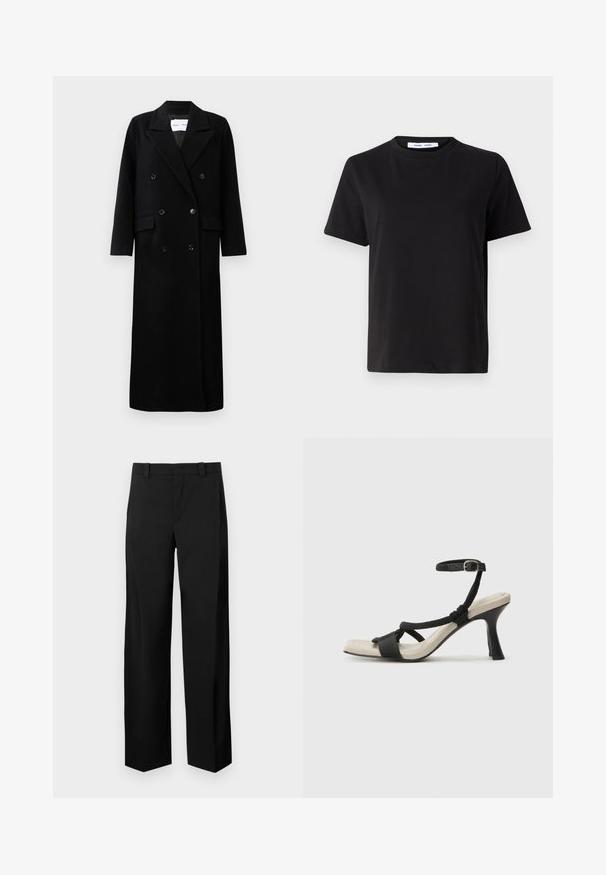 Czarny wełniany płaszcz o podwójnym zapięciu, z dużymi klapami, przednimi kieszeniami i sześcioma pasującymi guzikami. Długi, prosty krój.; Czarny t-shirt z krótkim rękawem wykonany z miękkiej bawełny, z okrągłym dekoltem, luźnym krojem i gładką fakturą. Bez widocznych wzorów ani grafik.; Czarne spodnie z szerokimi nogawkami wykonane z gładkiej, tkaninowej materii. Posiadają płaski przód, pętelki na pasek oraz boczne kieszenie, co nadaje im elegancki wygląd.; Czarne sandały na obcasie z plecionym paskiem, kwadratowym noskiem i regulowanym paskiem na kostkę. Jasnobeżowa wkładka z błyszczącym czarnym obcasem.