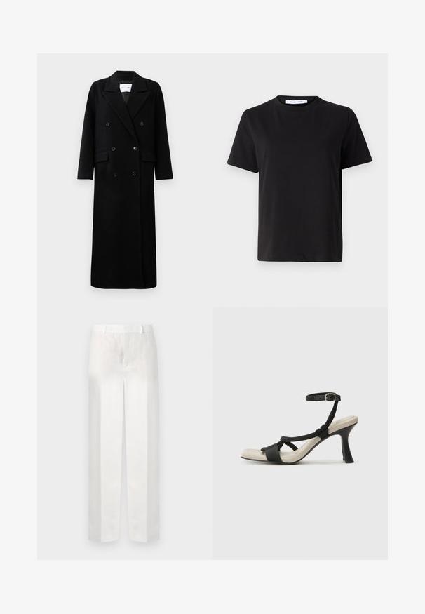 Crni vuna kaput s dvostrukim kopčanjem, velikim oštrim reverima, prednjim džepovima i šest odgovarajućih dugmadi. Dugi, ravno krojen.; Crna kratka majica s kratkim rukavima od mekanog pamuka, s okruglim izrezom, opuštenim krojem i glatkom teksturom. Nema vidljivih uzoraka ili grafike.; Bijele lanene hlače ravnog kroja, s ravnim prednjim dijelom, petljama za remen i bez vidljivih džepova, prikazuju glatku, laganu teksturu.; Crne sandale na visokom potpetici s dizajnom pletenih trakica, kvadratnim vrhom i podešivom trakicom oko gležnja. Svijetlosmeđi ulošci s sjajnim crnim potpeticama.
