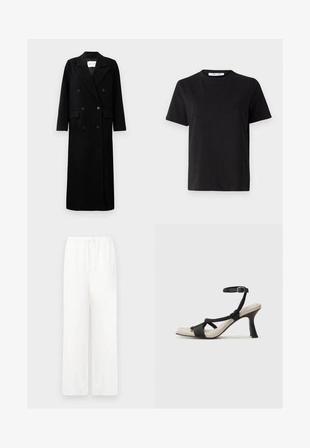 Juodas vilnonis paltas su dvigubu užsegimu, dideliais išpjovimais, priekinėmis kišenėmis ir šešiais suderintais mygtukais. Ilgas, tiesus kirpimas.; Juodas trumpas rankovės marškinėliai, pagaminti iš minkštos medvilnės, su apvaliu iškirpimu, laisvu pritaikymu ir lygiu paviršiumi. Nėra matomų raštų ar grafikos.; Baltos, plačios kelnės iš lengvos medžiagos su elastinga juosmena ir surišamu užsegimu. Sklandus paviršius, be matomų raštų ar furnitūros.; Juodų aukštakulnių sandalų su pintu dirželiu dizainas, kvadratine nosimi ir reguliuojamu kulkšnies dirželiu. Šviesiai bežė padas su blizgiu juodu kulnu.