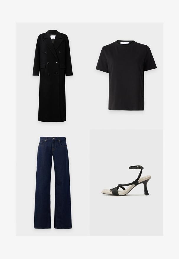 Czarny wełniany płaszcz o podwójnym zapięciu, z dużymi klapami, przednimi kieszeniami i sześcioma pasującymi guzikami. Długi, prosty krój.; Czarny t-shirt z krótkim rękawem wykonany z miękkiej bawełny, z okrągłym dekoltem, luźnym krojem i gładką fakturą. Bez widocznych wzorów ani grafik.; Jeans w szerokich nogawkach w ciemnoniebieskim deniowym, z klasycznym pięciopocketowym krojem, miedzianymi przeszyciami i zapięciem na guzik w pasie.; Czarne sandały na obcasie z plecionym paskiem, kwadratowym noskiem i regulowanym paskiem na kostkę. Jasnobeżowa wkładka z błyszczącym czarnym obcasem.