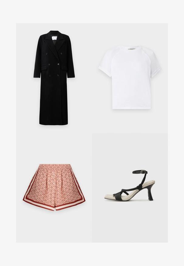 Melnas vilnas mērces ar divrindu dizainu, lieliem iekļautiem apmalei, priekšējām kabatām un sešiem atbilstošiem pogām. Garš, taisns griezums.; Balta kokvilnas T-krekls ar apaļu kakla izgriezumu, īsām raglanu piedurknēm un brīvu piegriezumu. Gluda tekstūra bez redzamām detaļām vai akcentiem.; Gaiši rozā drukāti šorti ar ģeometrisku rakstu. Iezīmē elastīgu jostu un kontrastējošus sarkanos galus. Mīksta auduma tekstūra.; Melnas augstpapēžu sānijas ar pinuma siksnu dizainu, kvadrātveida purngali un regulējamu potītes siksnu. Gaismas beidzamais kāju paklājiņš ar spīdīgu melnu papēdi.